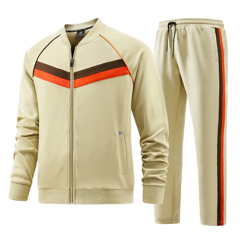 NWOT! W Jian Wang Men’s 2-piece Tracksuit  Tan Brown Orange Old School Sz Large